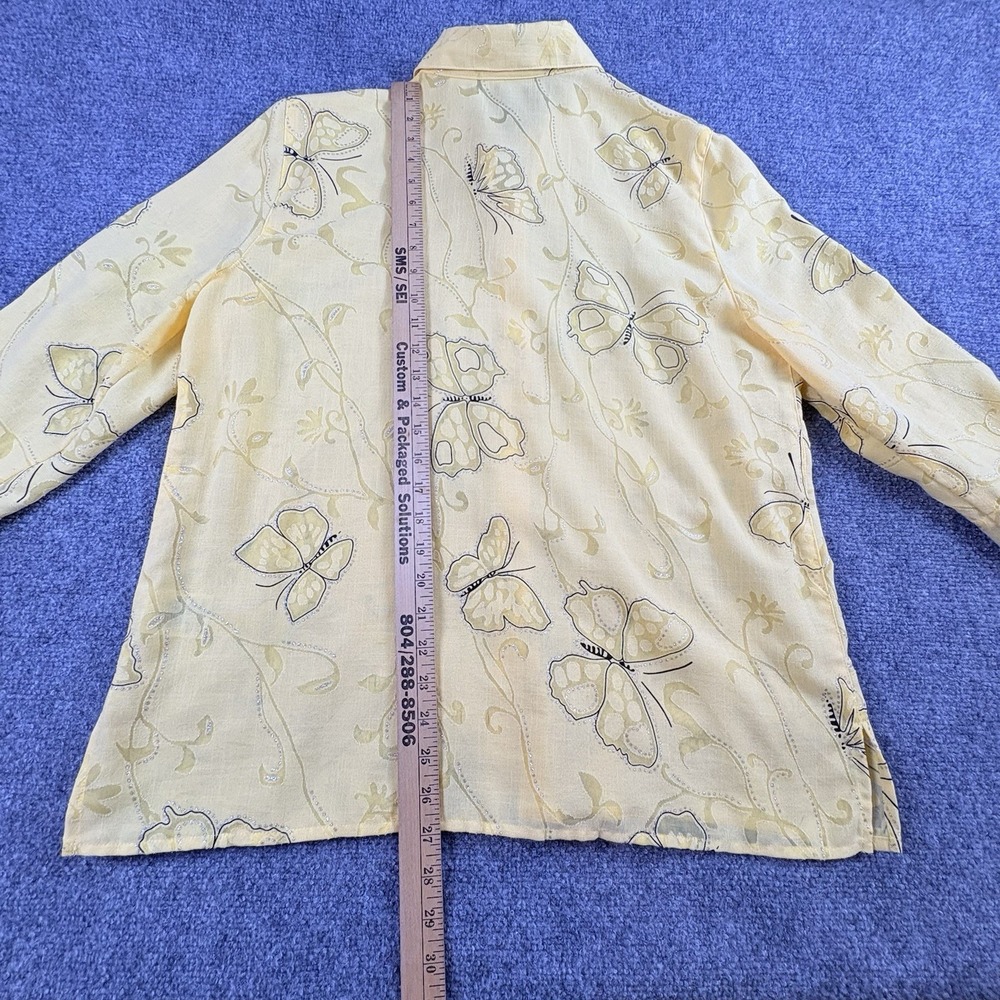 Alfred Dunner Blouse Women 14 Yellow Butterfly Button Up Silver Sparkle Coastal - Picture 9 of 12
